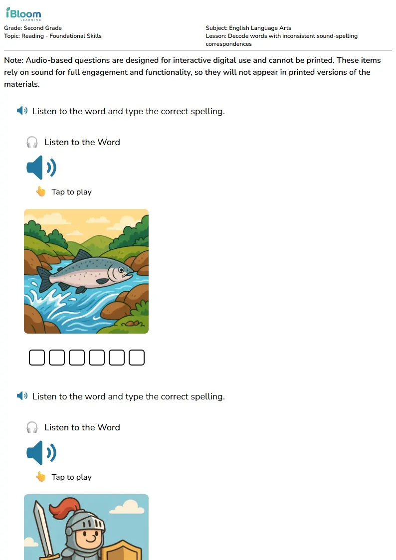 Free Decode words with inconsistent sound-spelling correspondences Worksheets for Second Grade