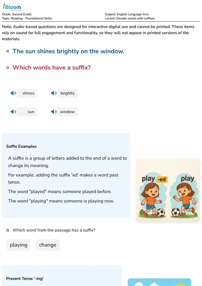 Free Decode words with suffixes Worksheets for Second Grade