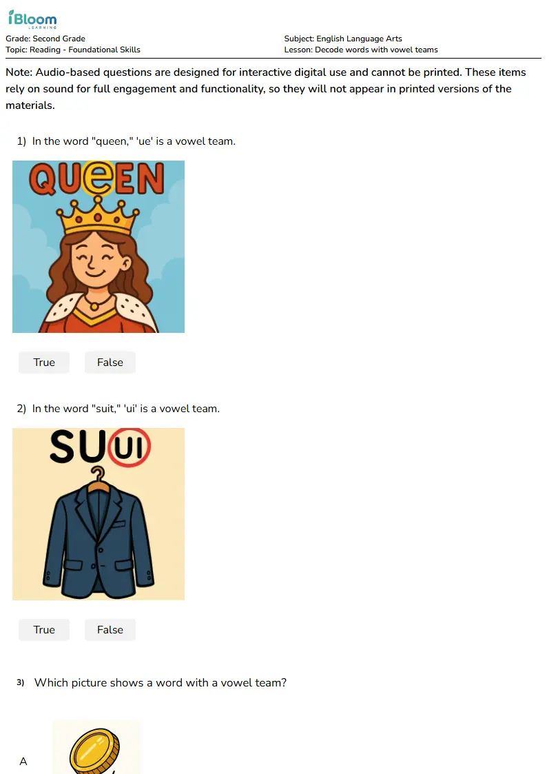 Free Decode words with vowel teams Worksheets for Second Grade