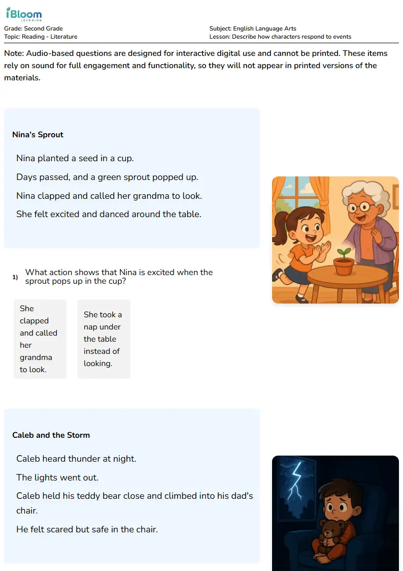 Free Describe how characters respond to events Worksheets for Second Grade