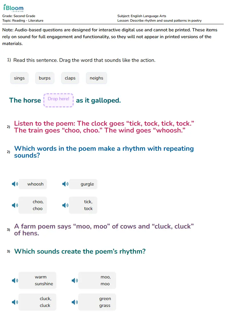 Free Describe rhythm and sound patterns in poetry Worksheets for Second Grade