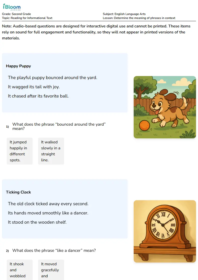 Free Determine the meaning of phrases in context Worksheets for Second Grade