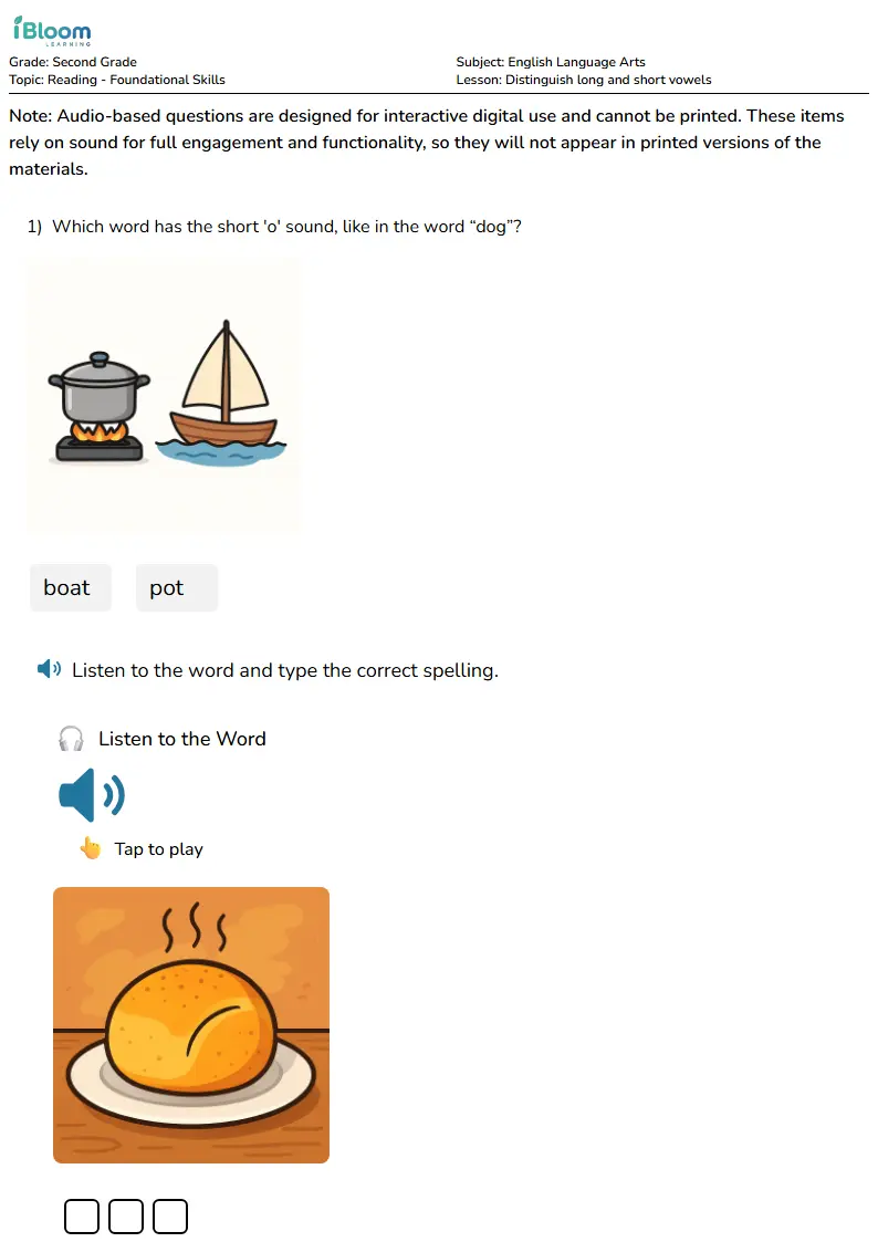Free Distinguish long and short vowels Worksheets for Second Grade