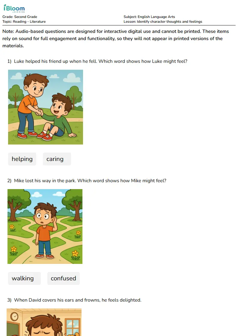 Free Identify character thoughts and feelings Worksheets for Second Grade