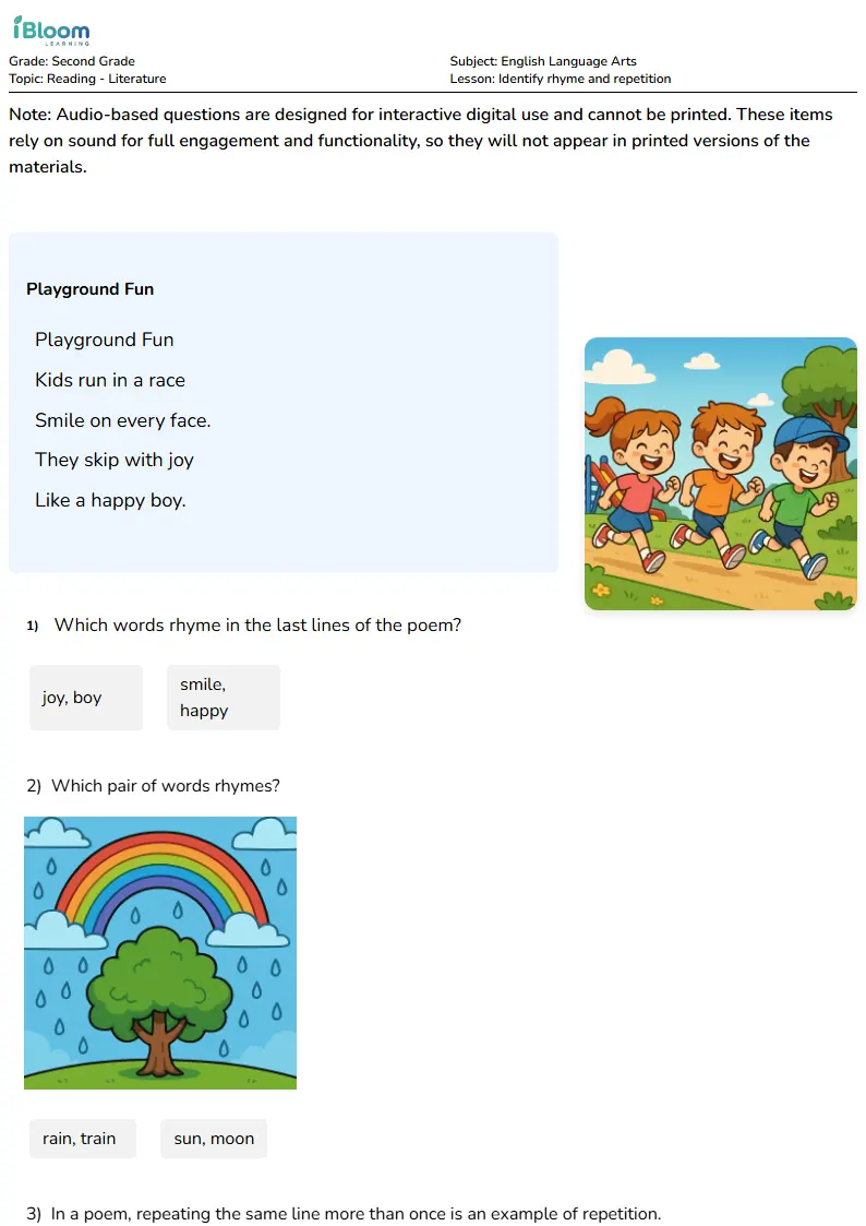 Free Identify rhyme and repetition Worksheets for Second Grade | iBloom