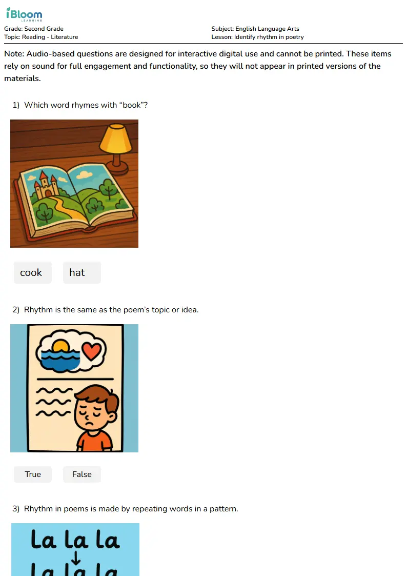 Free Identify rhythm in poetry Worksheets for Second Grade | iBloom