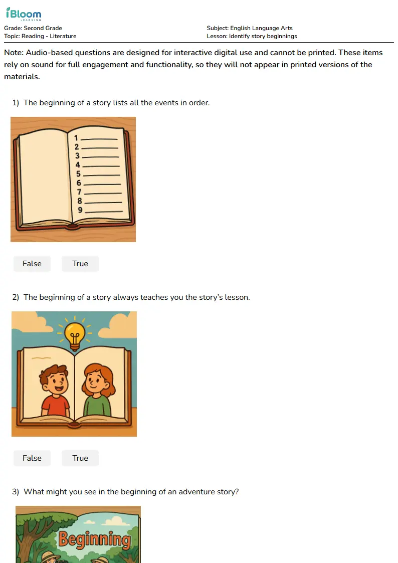 Free Identify story beginnings Worksheets for Second Grade | iBloom