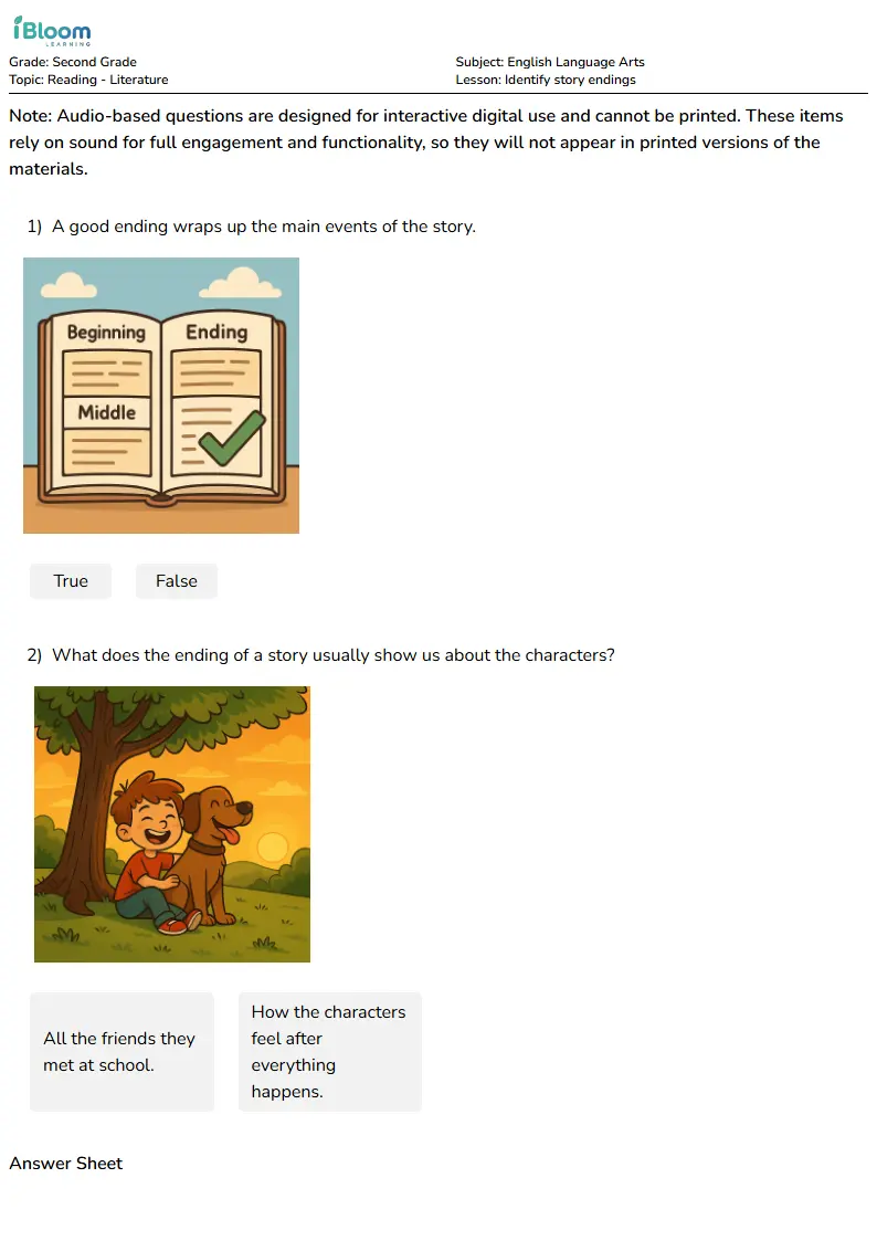Free Identify story endings Worksheets for Second Grade | iBloom