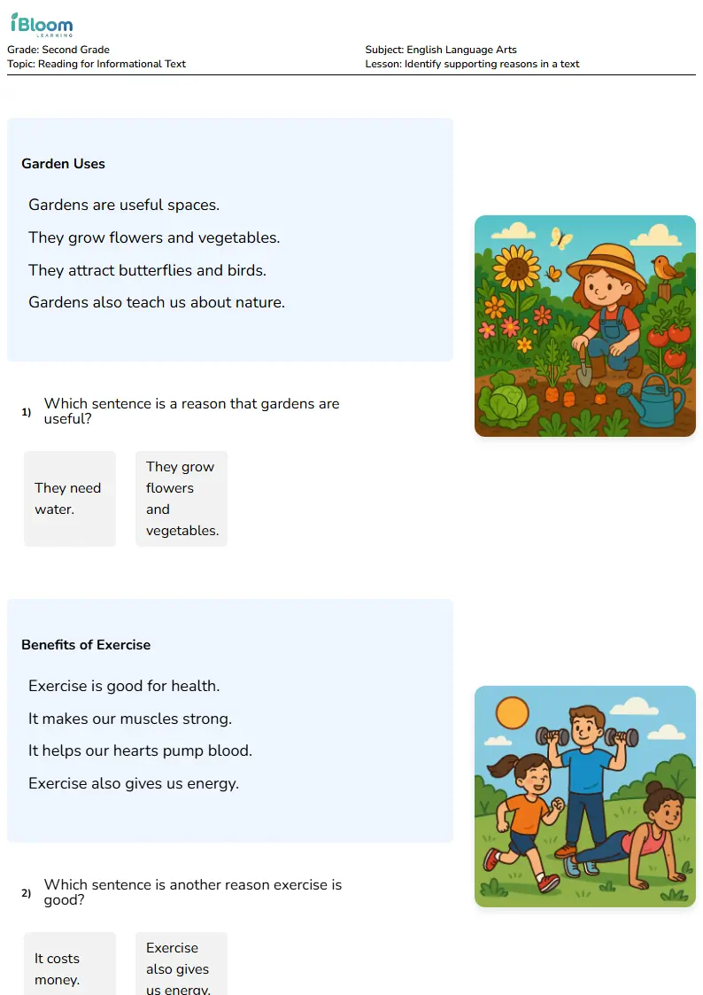 Free Identify supporting reasons in a text Worksheets for Second Grade | iBloom