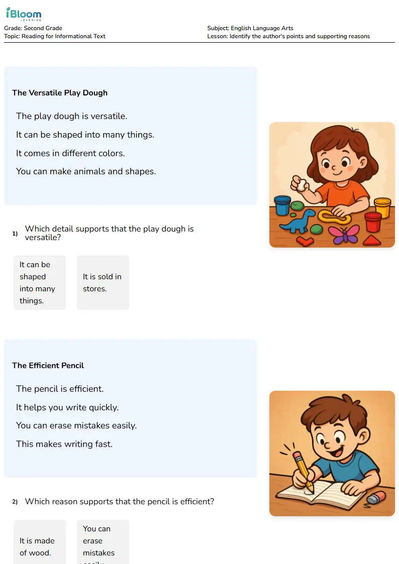 Free Identify the author's points and supporting reasons Worksheets for Second Grade | iBloom