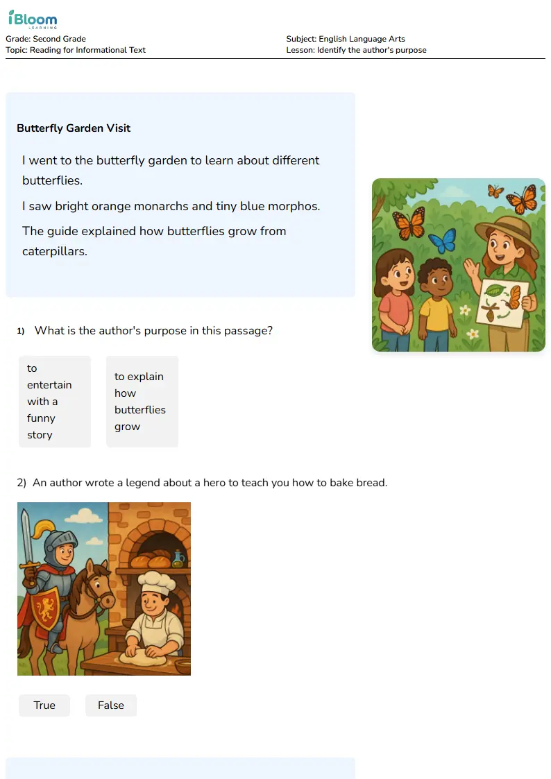 Free Identify the author's purpose Worksheets for Second Grade | iBloom