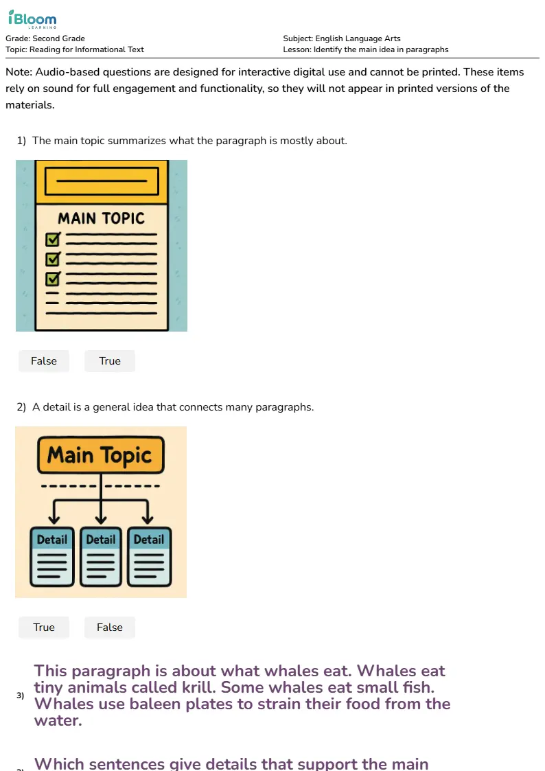 Free Identify the main idea in paragraphs Worksheets for Second Grade | iBloom