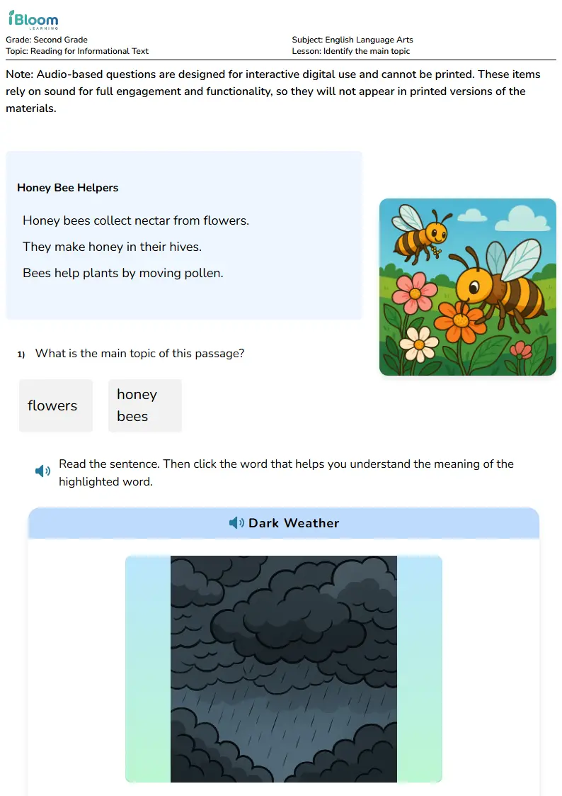 Free Identify the main topic Worksheets for Second Grade | iBloom
