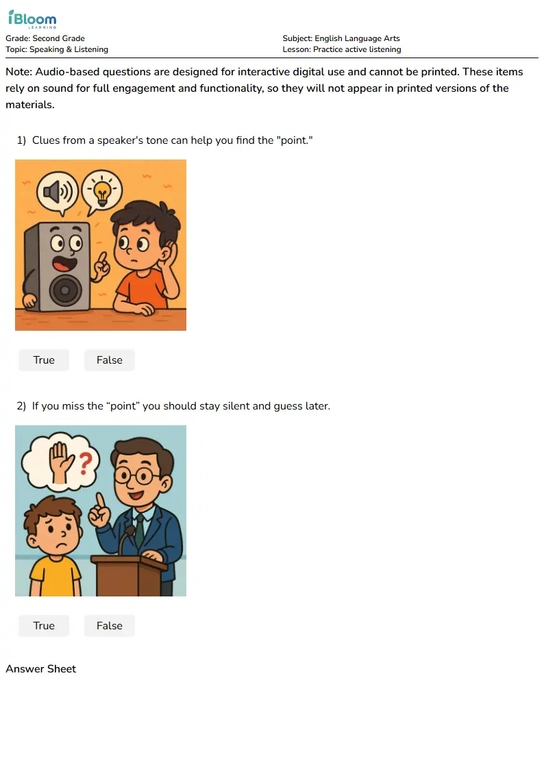 Free Practice active listening Worksheets for Second Grade | iBloom