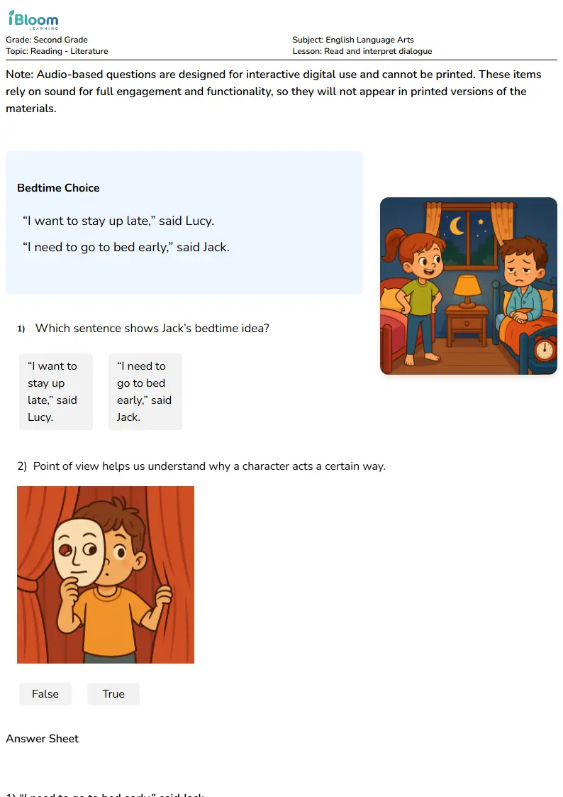 Free Read and interpret dialogue Worksheets for Second Grade | iBloom