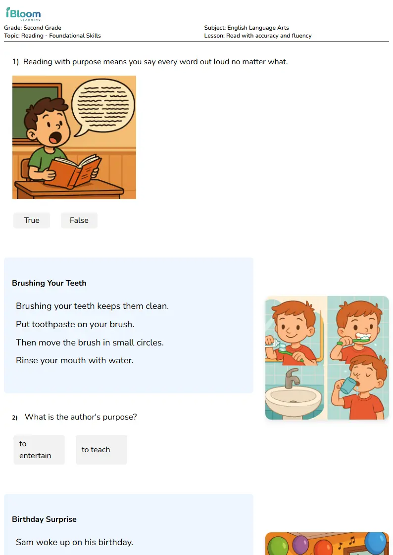 Free Read with accuracy and fluency Worksheets for Second Grade | iBloom