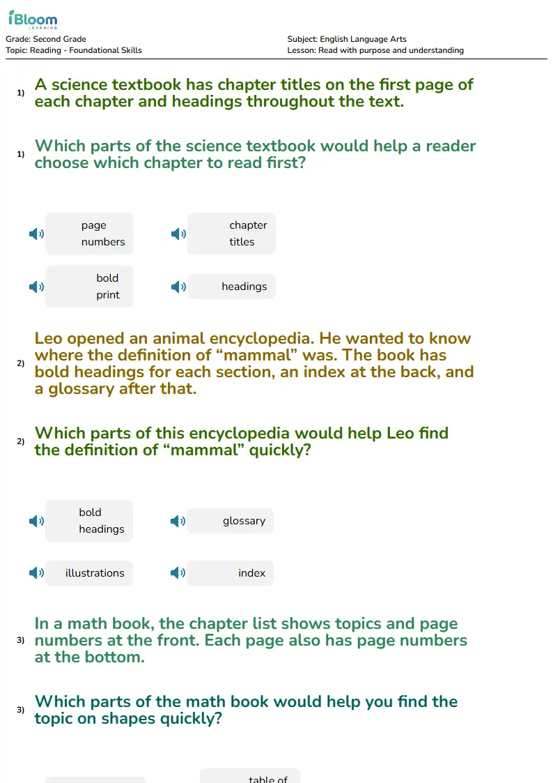 Free Read with purpose and understanding Worksheets for Second Grade | iBloom