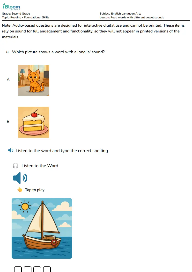 Free Read words with different vowel sounds Worksheets for Second Grade | iBloom