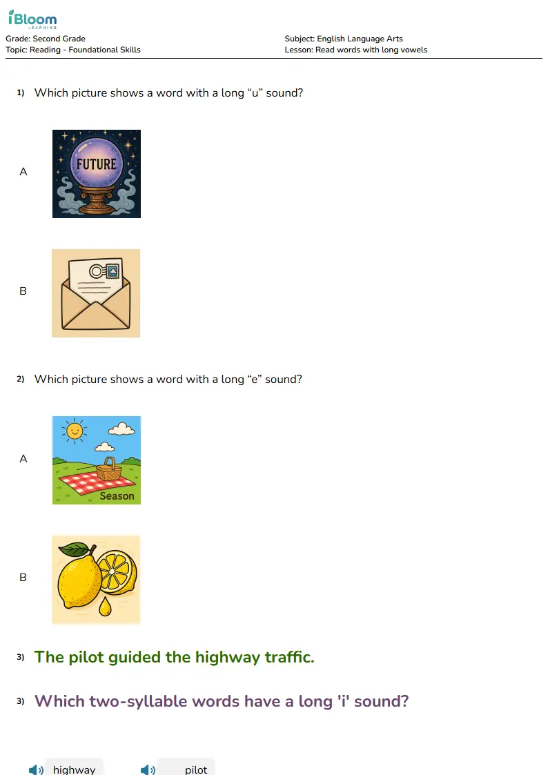 Free Read words with long vowels Worksheets for Second Grade | iBloom