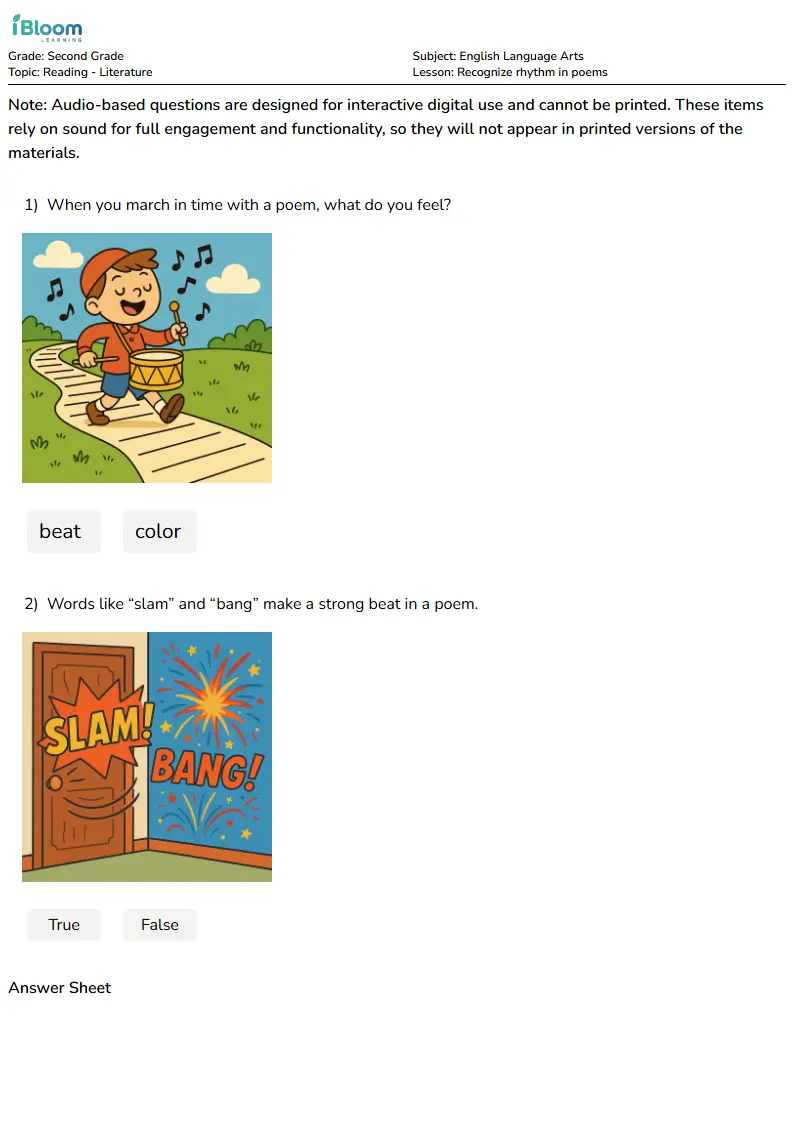Free Recognize rhythm in poems Worksheets for Second Grade | iBloom