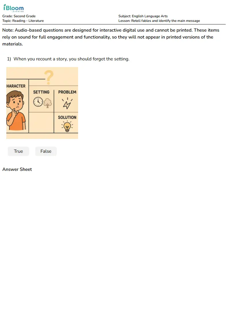 Preview image for Retell fables and identify the main message Worksheets for Second Grade