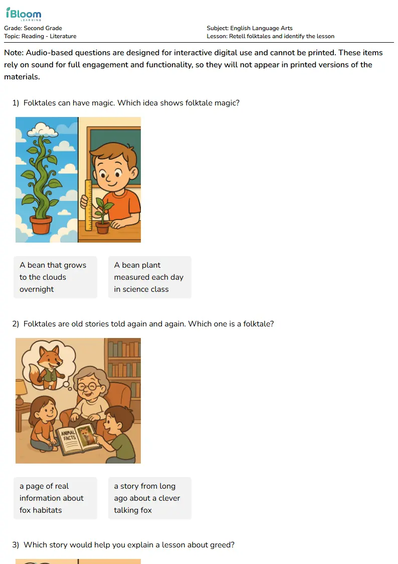 Free Retell folktales and identify the lesson Worksheets for Second Grade | iBloom