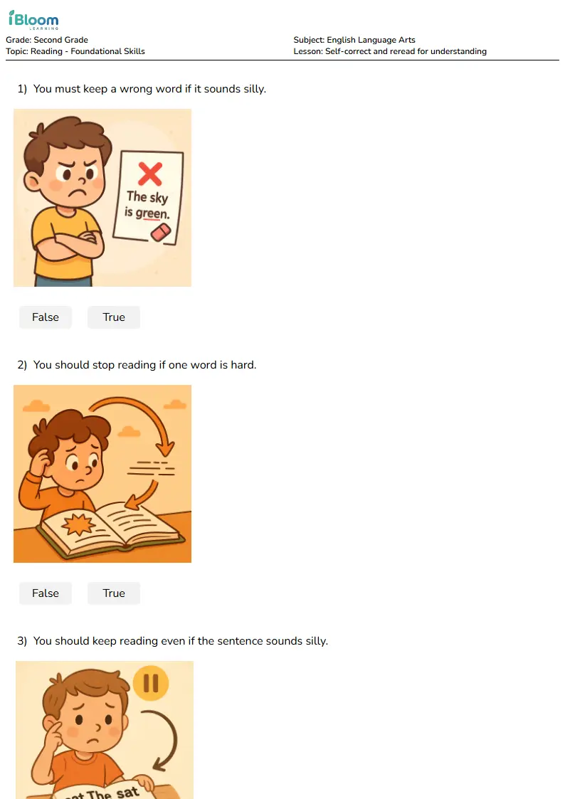 Free Self-correct and reread for understanding Worksheets for Second Grade | iBloom