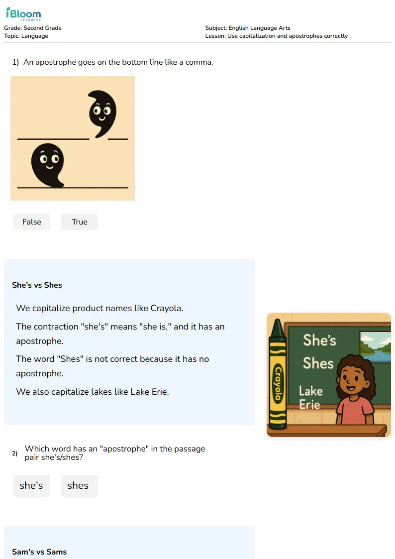 Free Use capitalization and apostrophes correctly Worksheets for Second Grade | iBloom