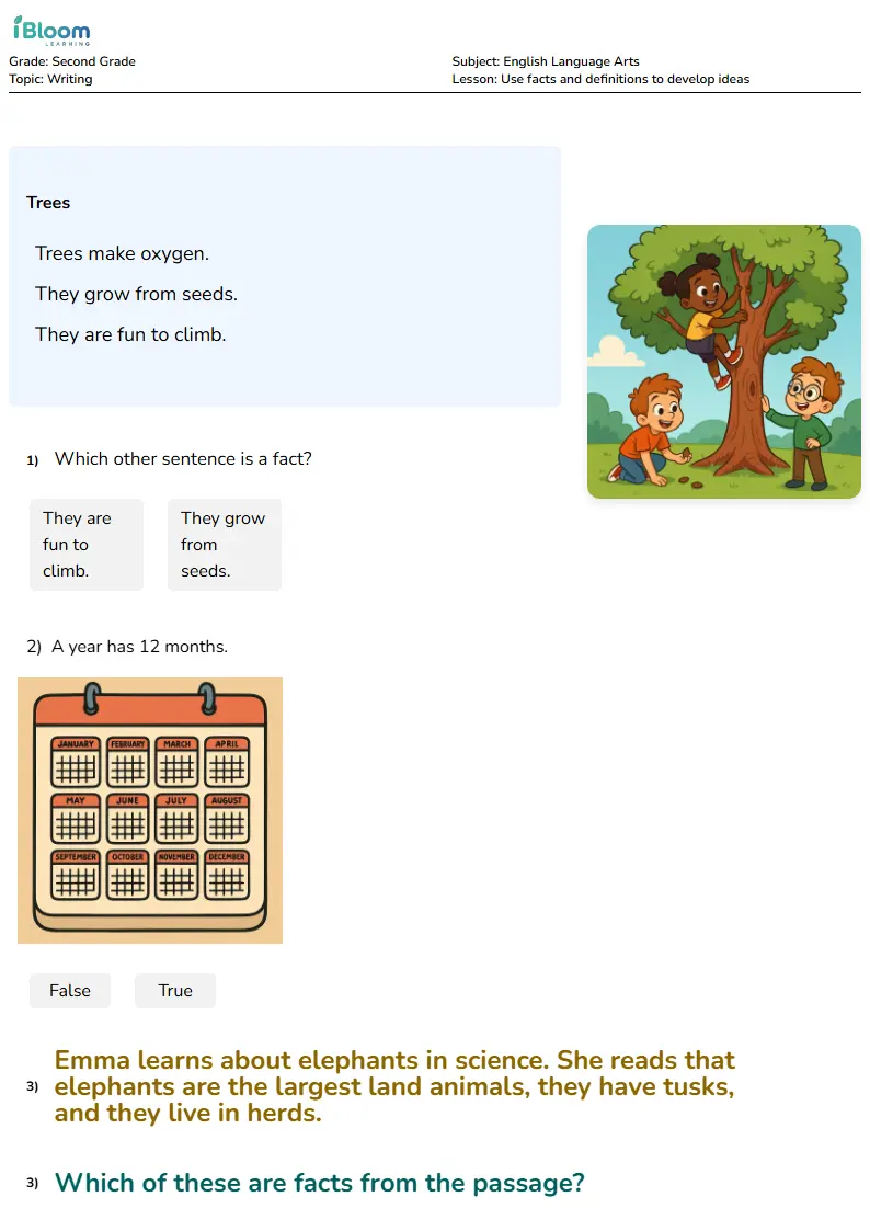 Free Use facts and definitions to develop ideas Worksheets for Second Grade | iBloom