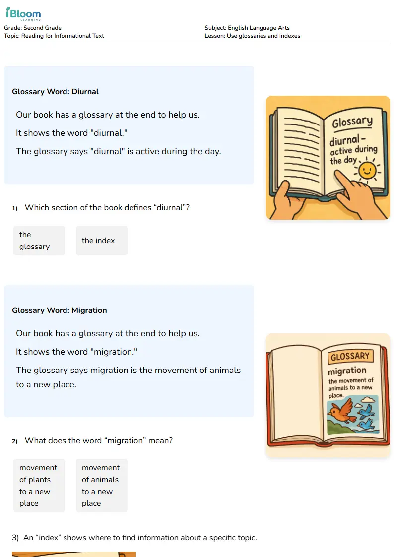 Free Use glossaries and indexes Worksheets for Second Grade | iBloom