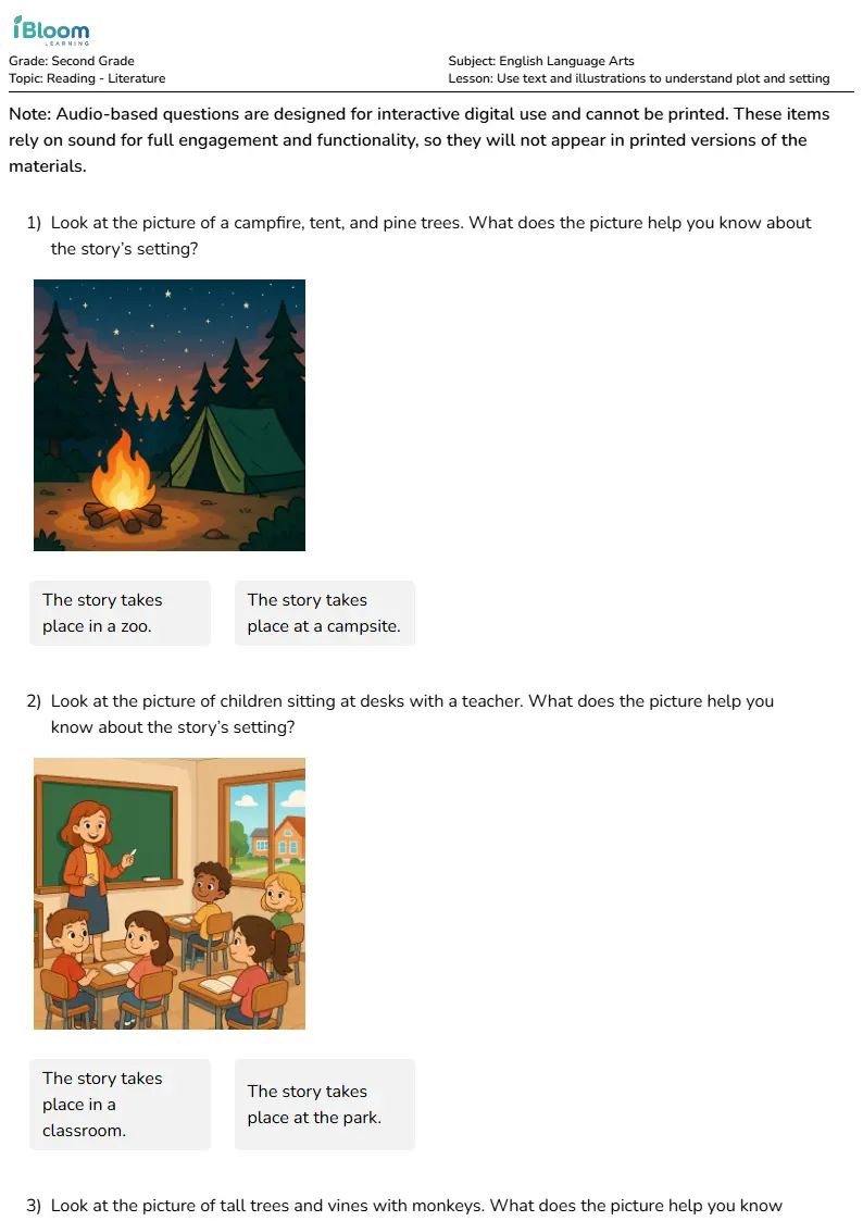 Free Use text and illustrations to understand plot and setting Worksheets for Second Grade | iBloom