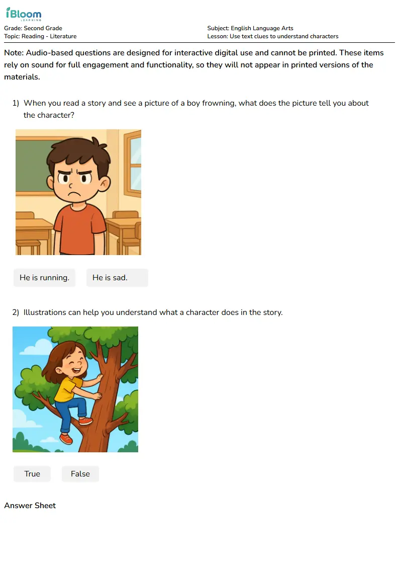 Free Use text clues to understand characters Worksheets for Second Grade | iBloom