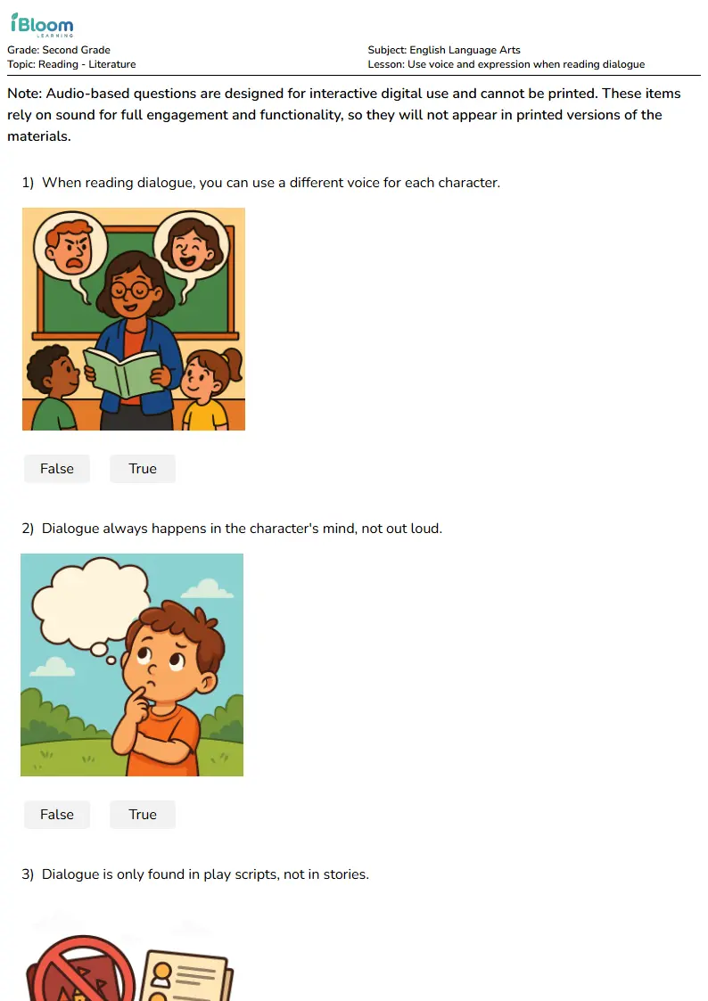 Free Use voice and expression when reading dialogue Worksheets for Second Grade | iBloom