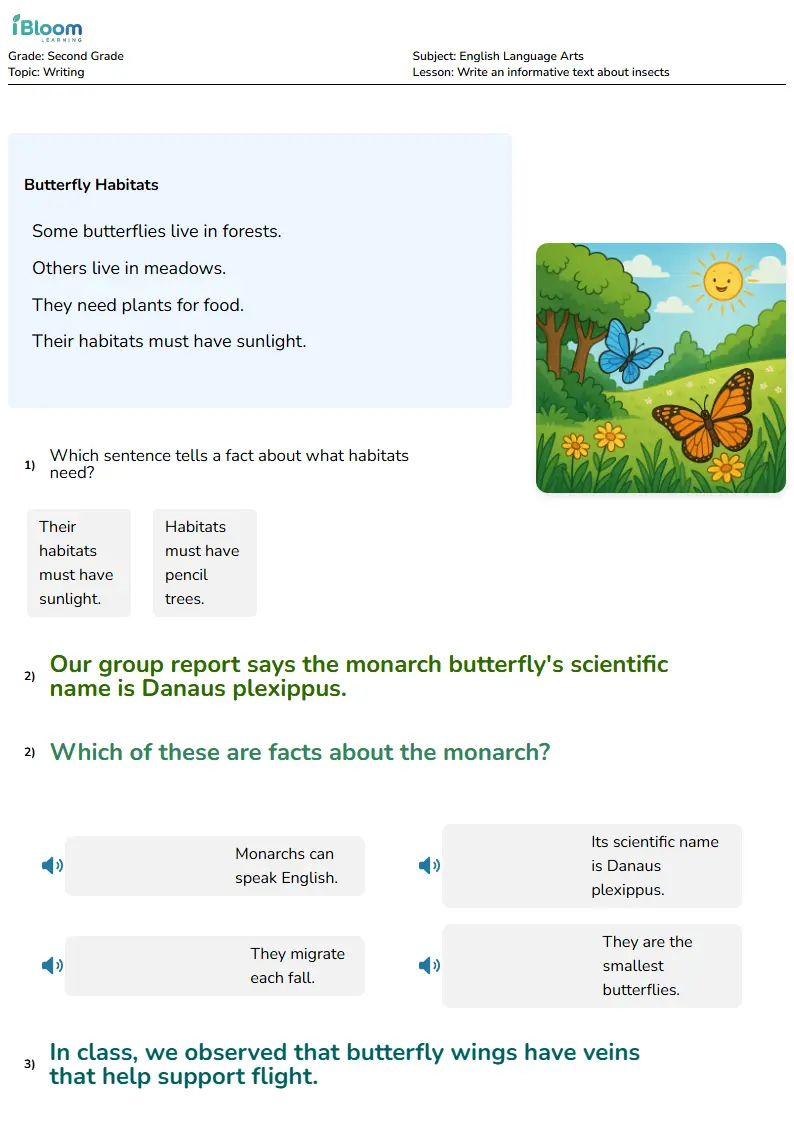Free Write an informative text about insects Worksheets for Second Grade | iBloom
