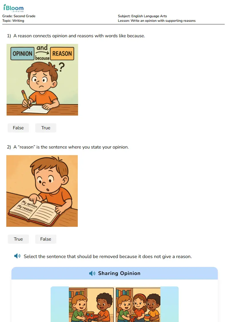 Free Write an opinion with supporting reasons Worksheets for Second Grade | iBloom