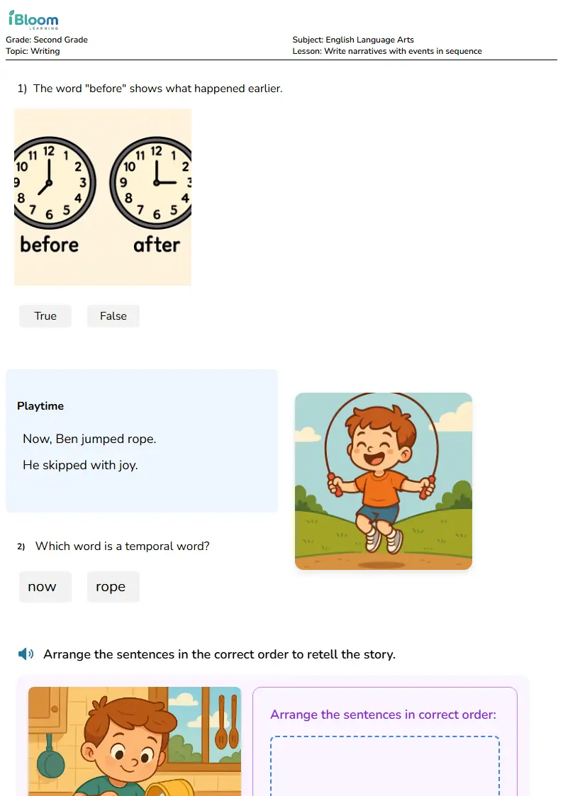 Free Write narratives with events in sequence Worksheets for Second Grade | iBloom