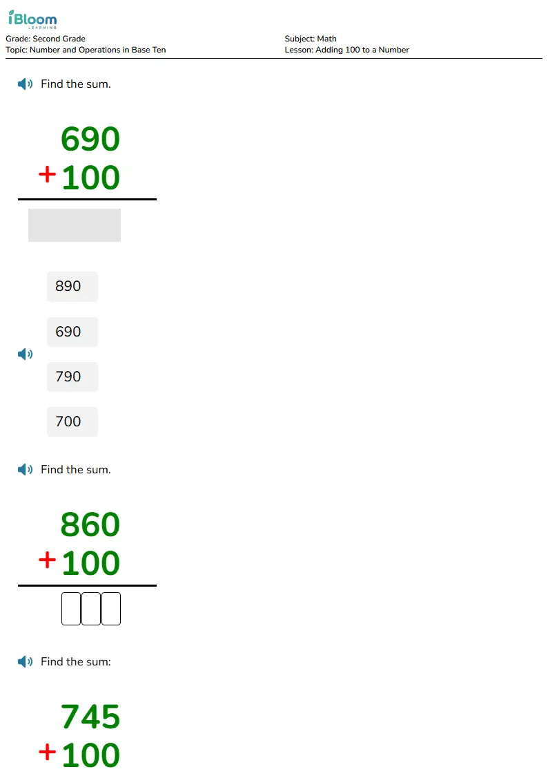 Free Adding 100 to a Number Worksheets for Grade 2