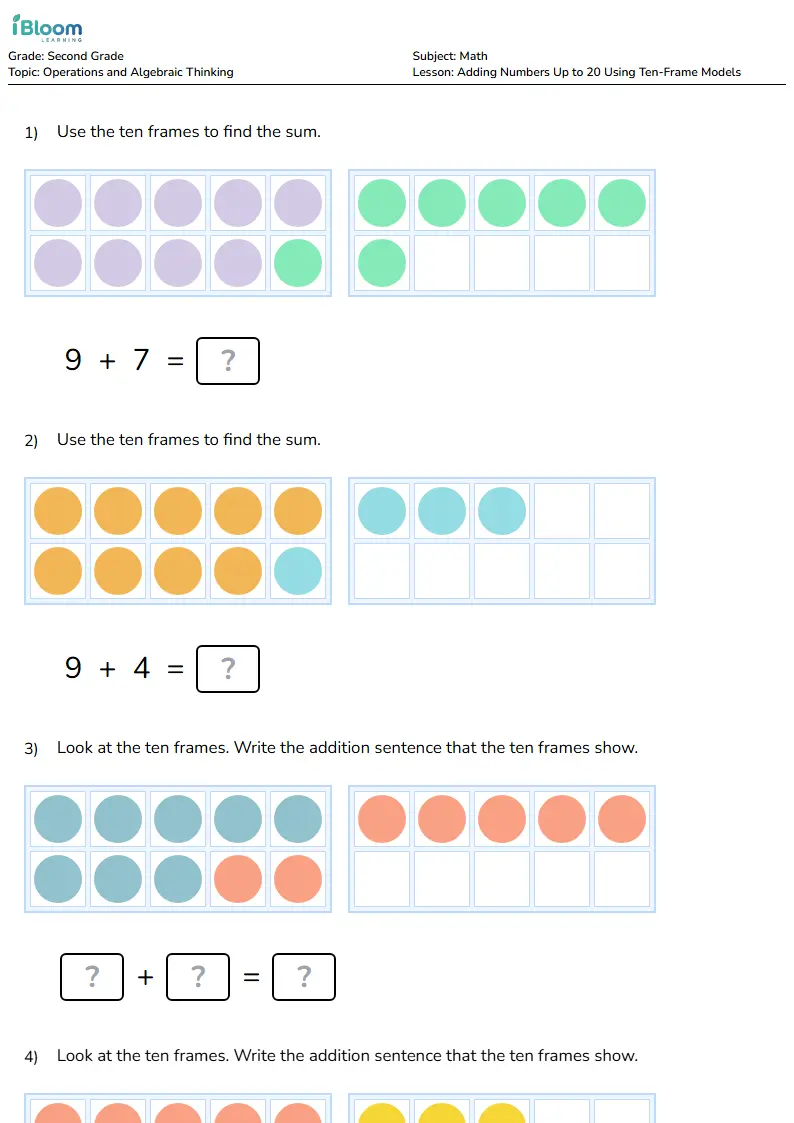 Free Adding Numbers Up to 20 Using Ten-Frame Models Worksheets for Grade 2