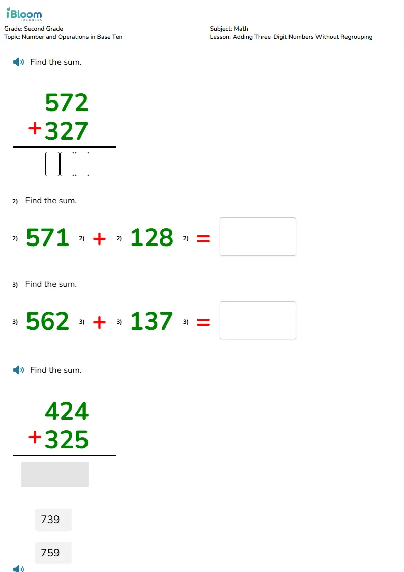 Free Adding Three-Digit Numbers Without Regrouping Worksheets for Grade 2