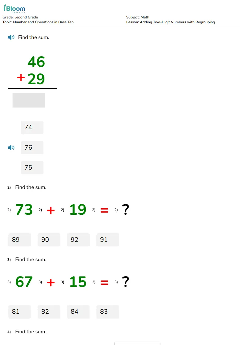 Preview image for Adding Two-Digit Numbers with Regrouping Worksheets for Second Grade