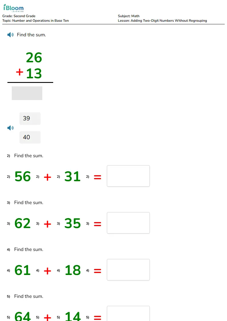 Preview image for Adding Two-Digit Numbers Without Regrouping Worksheets for Second Grade