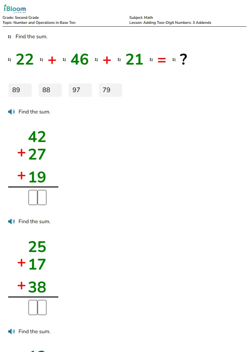 Free Adding Two-Digit Numbers: 3 Addends Worksheets for Grade 2