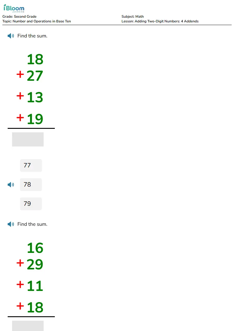 Free Adding Two-Digit Numbers: 4 Addends Worksheets for Grade 2