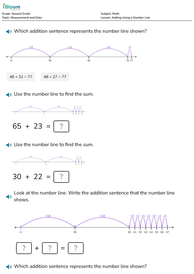 Free Adding Using a Number Line Worksheets for Grade 2