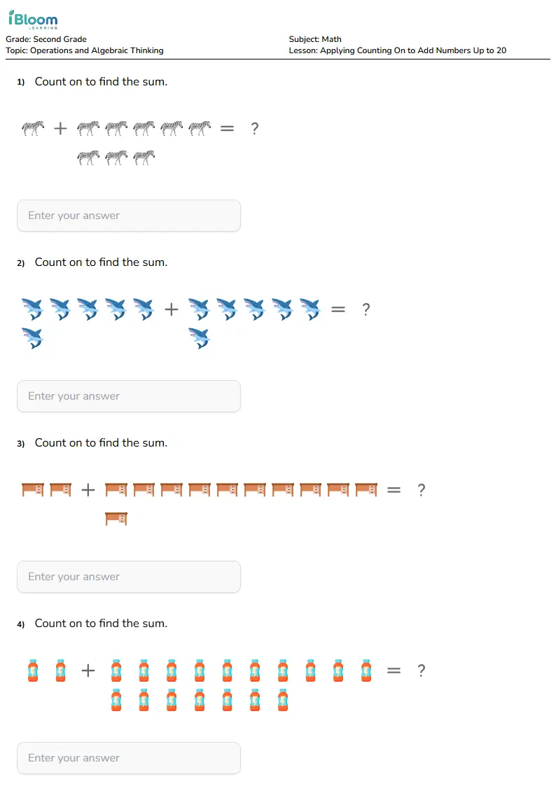 Free Applying Counting On to Add Numbers Up to 20 Worksheets for Grade 2