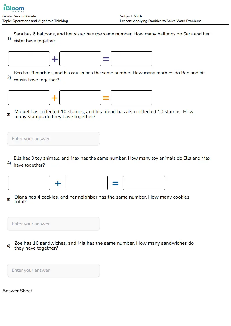 Free Applying Doubles to Solve Word Problems Worksheets for Grade 2