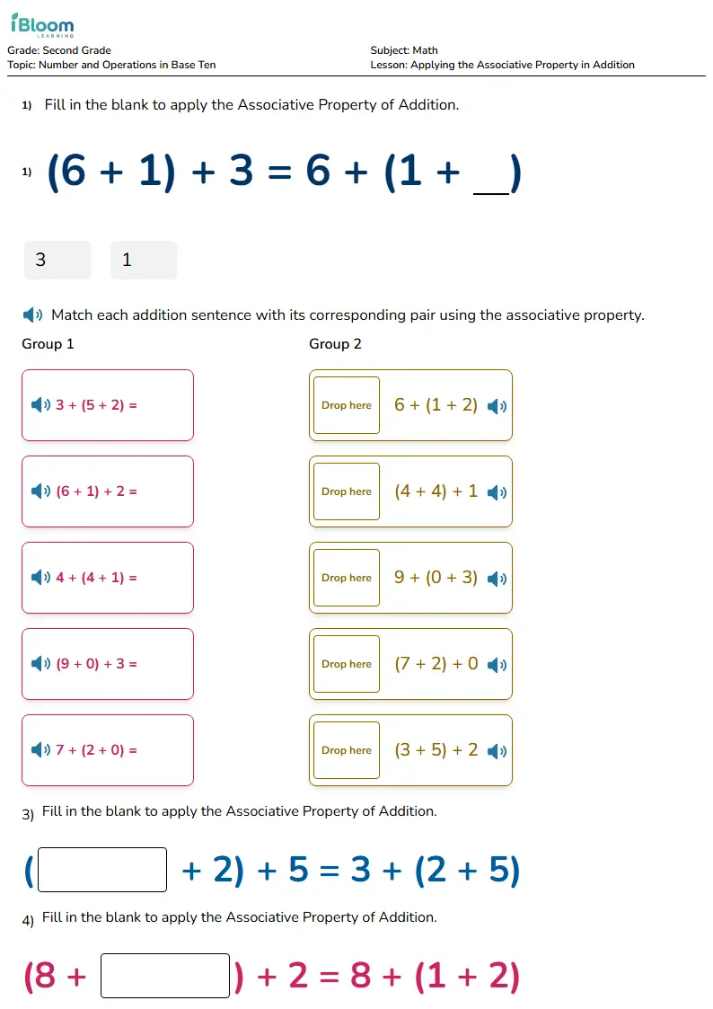 Free Applying the Associative Property in Addition Worksheets for Grade 2