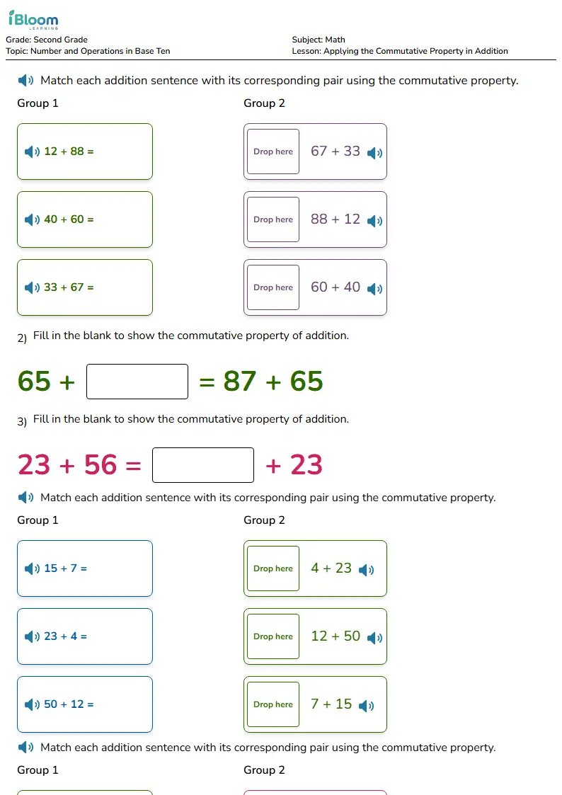 Free Applying the Commutative Property in Addition Worksheets for Grade 2