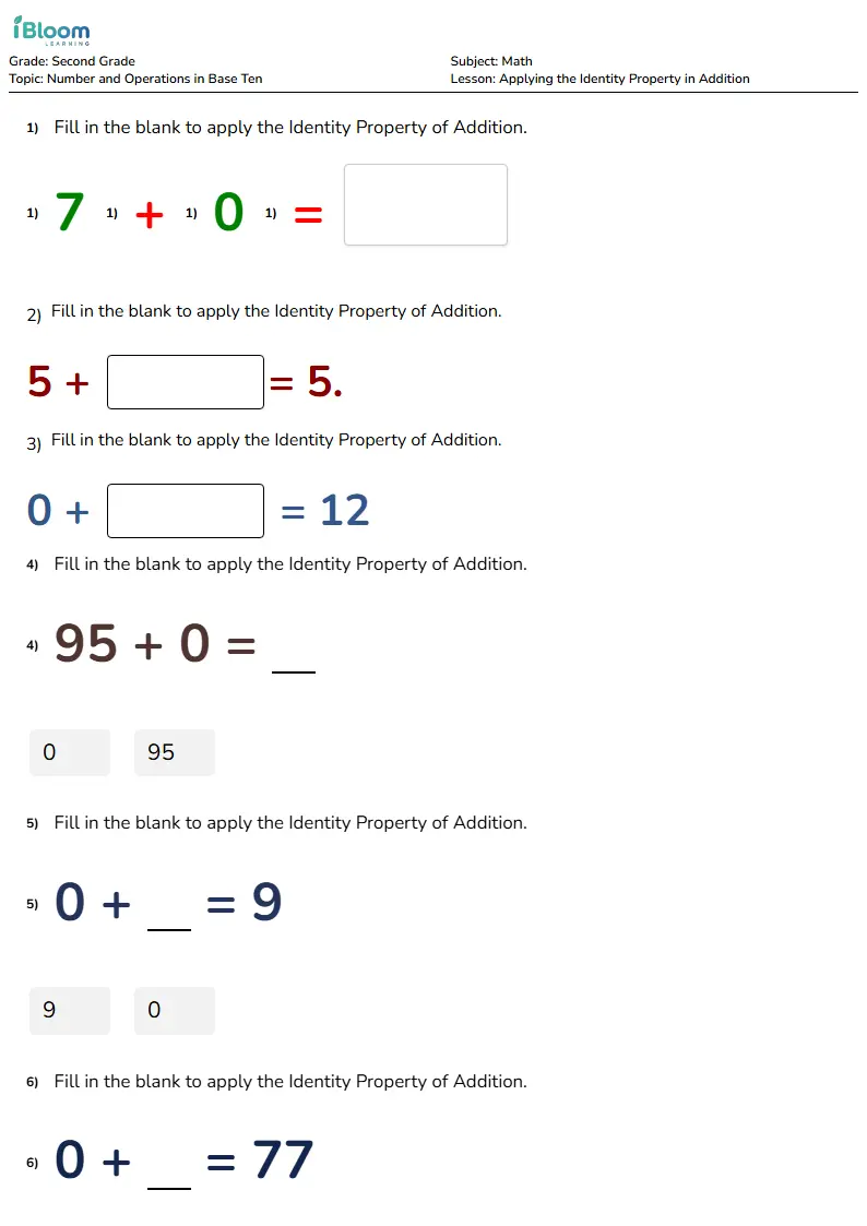 Free Applying the Identity Property in Addition Worksheets for Grade 2