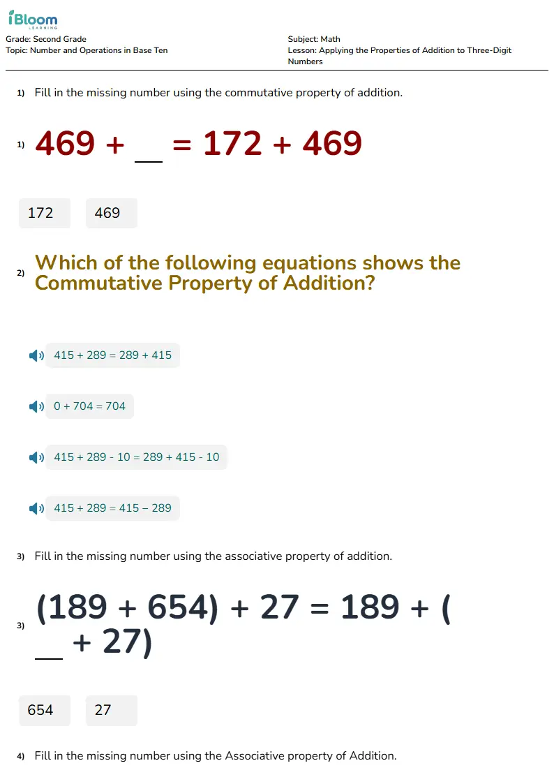Free Applying the Properties of Addition to Three-Digit Numbers Worksheets for Grade 2